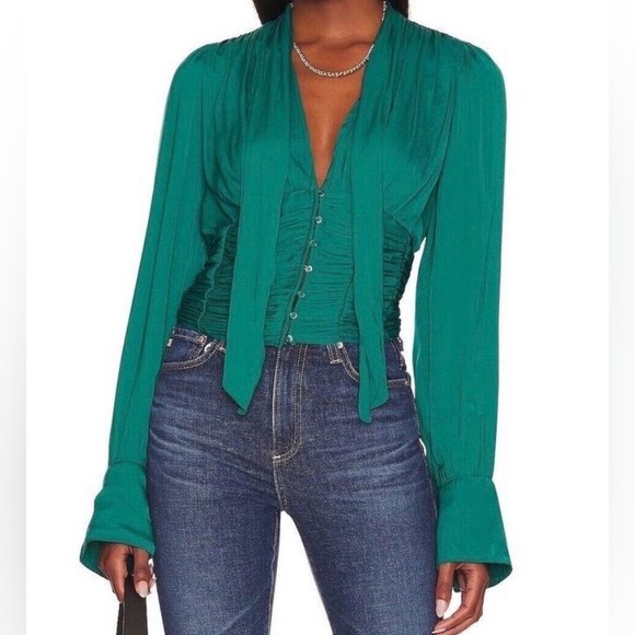 Free People Tops - Free People Meet Me There Ruched Tie Neck Blouse Green M Cottagecore Coquette